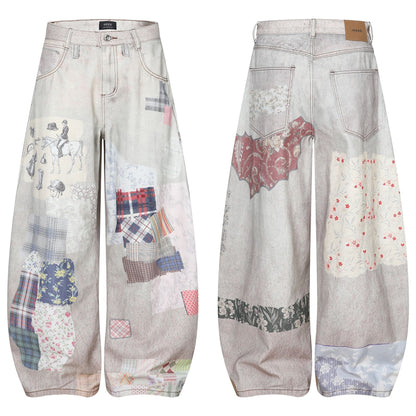 Collage Print Wide Leg Denim Jeans WN26018