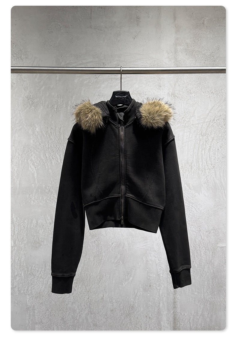 Fake Fur Lining Zip-Up Cropped Zipper Hoodie WN23115
