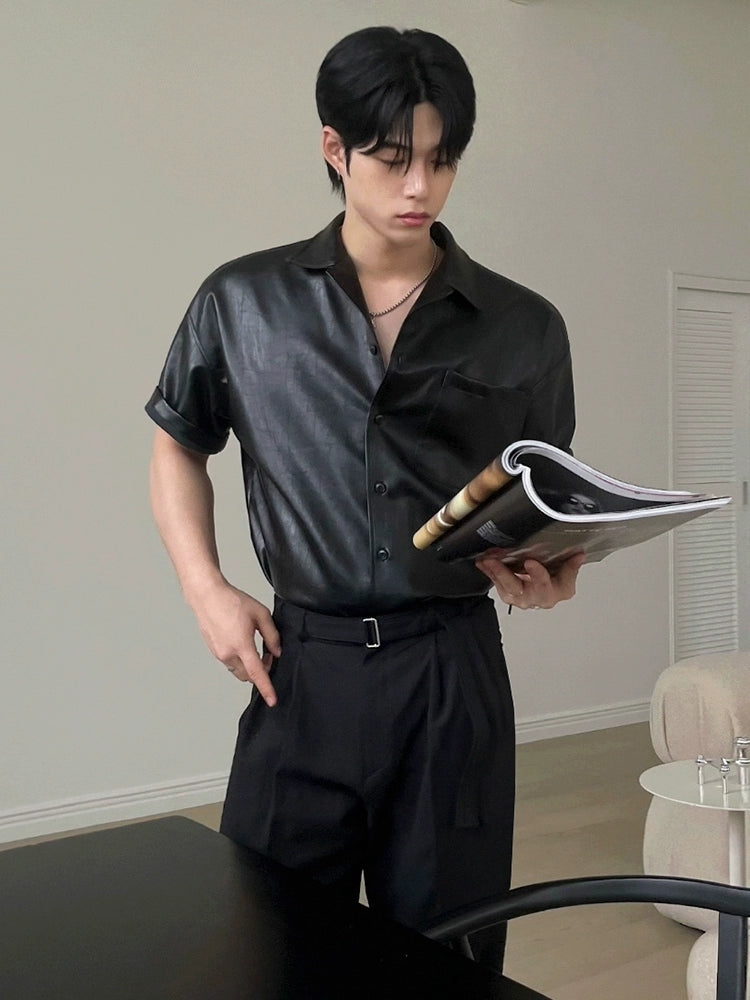 Turn-Down Collar PU Leather Short Sleeve Shirt WN20250
