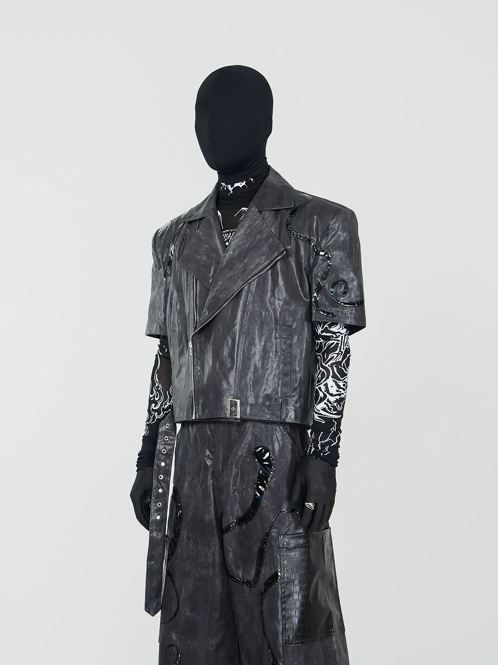 PU Leather Short Sleeve Jacket & PU Leather Wide Leg Pants & Graphic Design Mesh Long Sleeve T-Shirt Setup WN17339