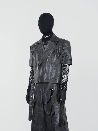 PU Leather Short Sleeve Jacket & PU Leather Wide Leg Pants & Graphic Design Mesh Long Sleeve T-Shirt Setup WN17339