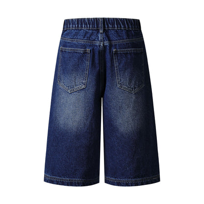 Washed Damage Star Patchwork Knee-Length Denim Jeans WN26810