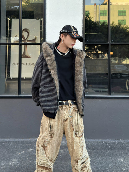 Fur Collar Striped Fleece Lining Short Zipper Hoodie WN23000