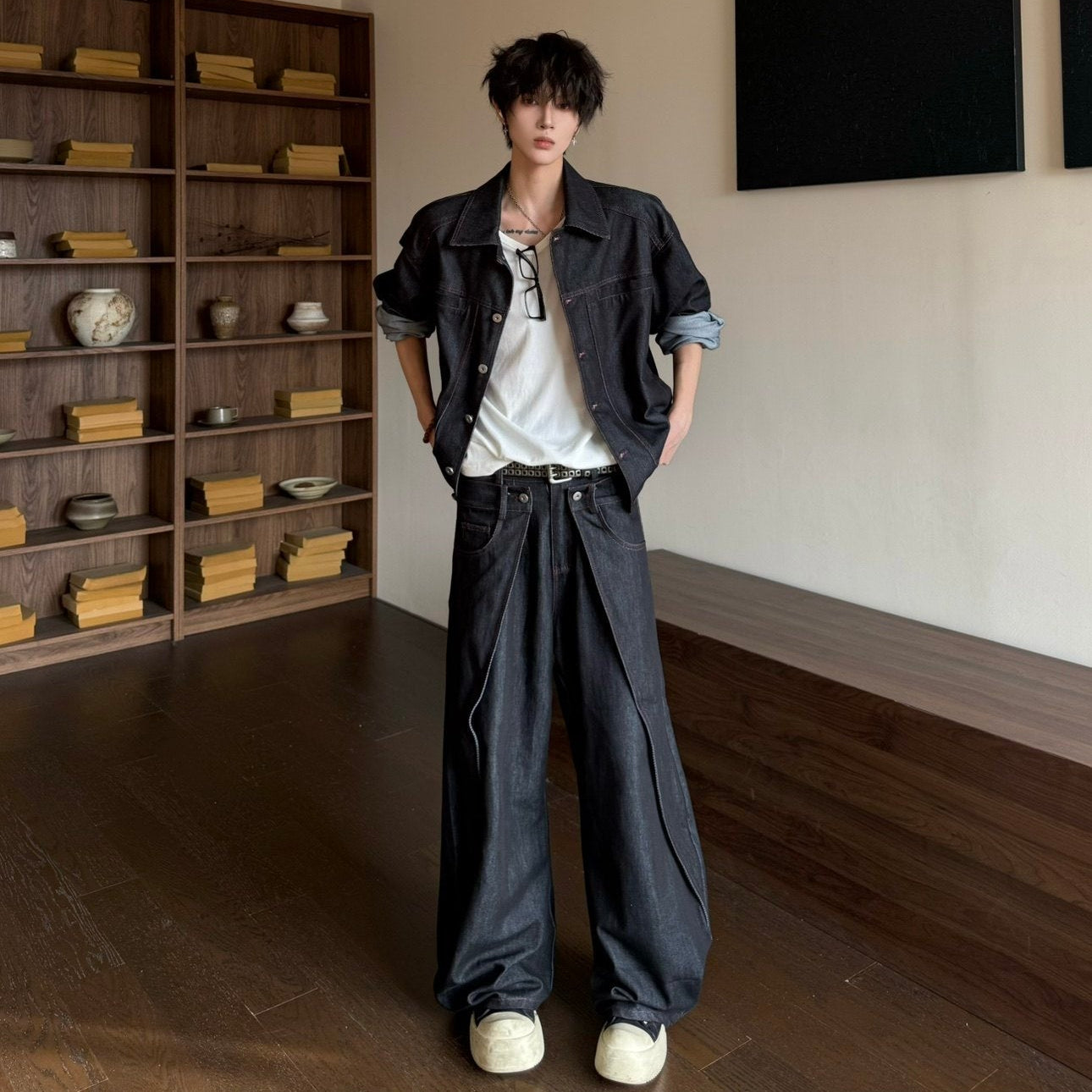 Deconstructed Shoulder-Pad Denim Jacket & Curved Denim Jeans Setup WN23171