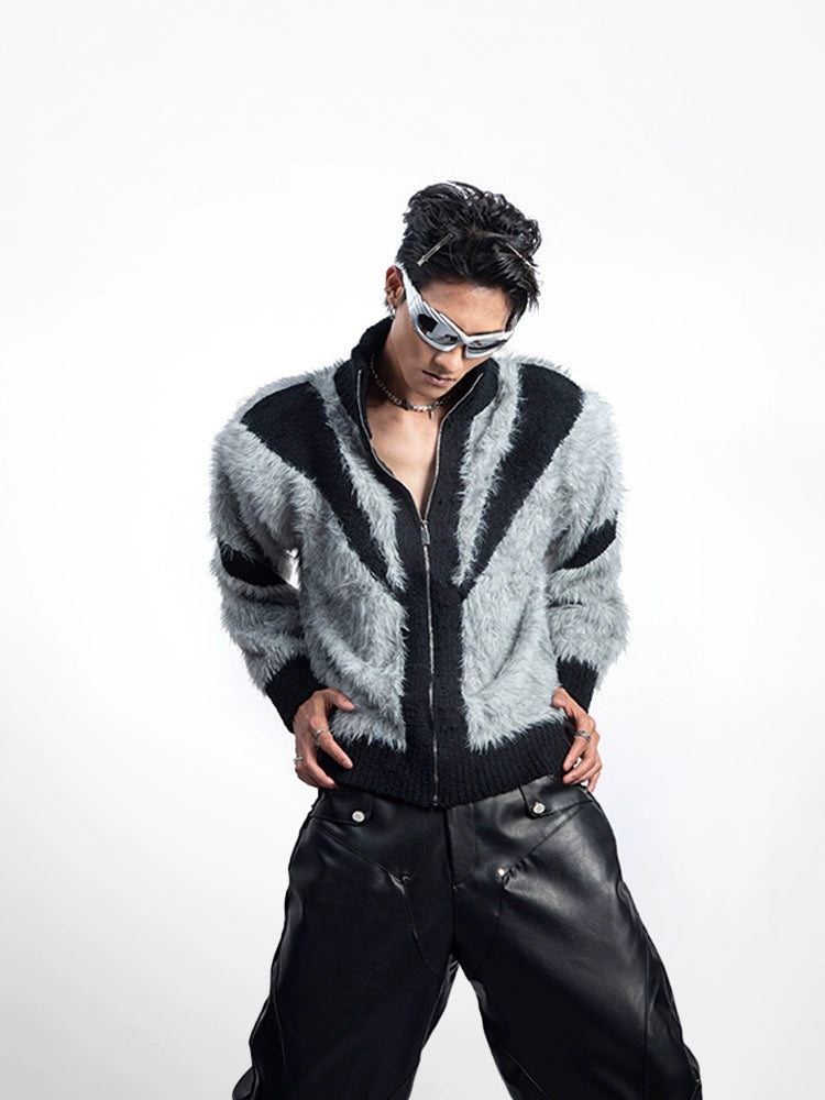 Fuzzy Patchwork Stand Neck Knit Cardigan WN20629