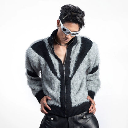 Fuzzy Patchwork Stand Neck Knit Cardigan WN20629