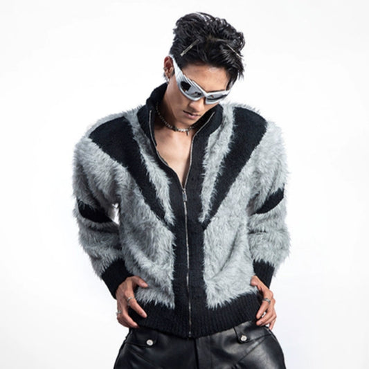 Fuzzy Patchwork Stand Neck Knit Cardigan WN20629