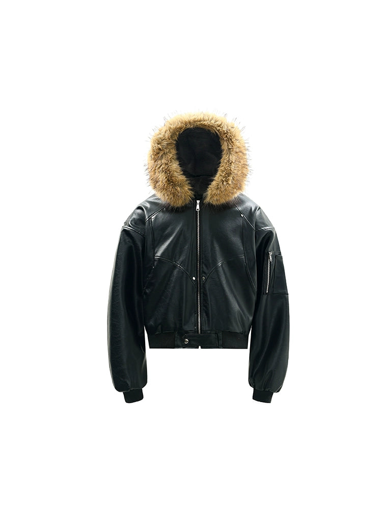 Fake Fur-Collar Plush Hooded Zipper Jacket WN22178