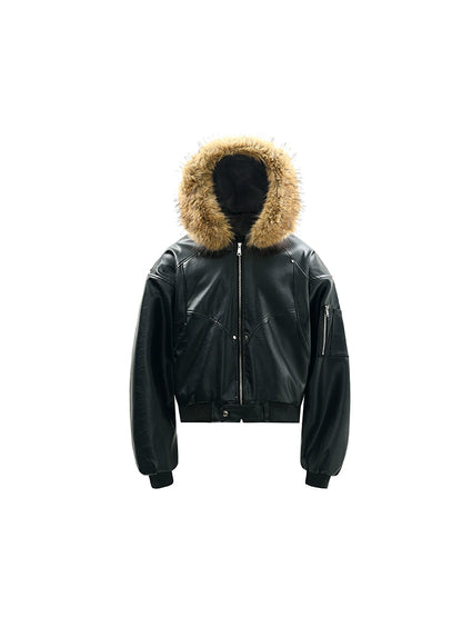 Fake Fur-Collar Plush Hooded Zipper Jacket WN22178