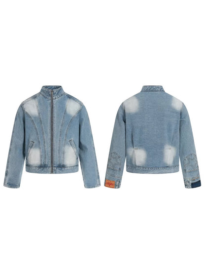 Faded Panel Stand Neck Denim Jacket WN28058