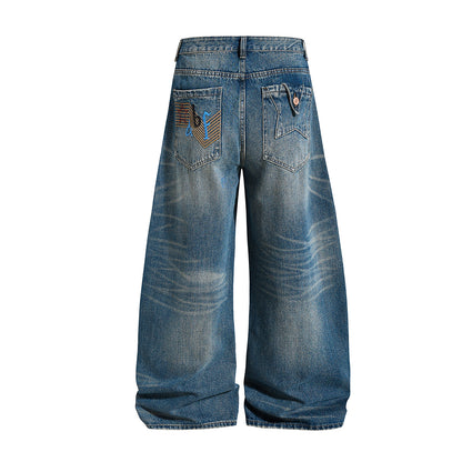 Embroidery Curved Wide Leg Denim Jeans WN25554