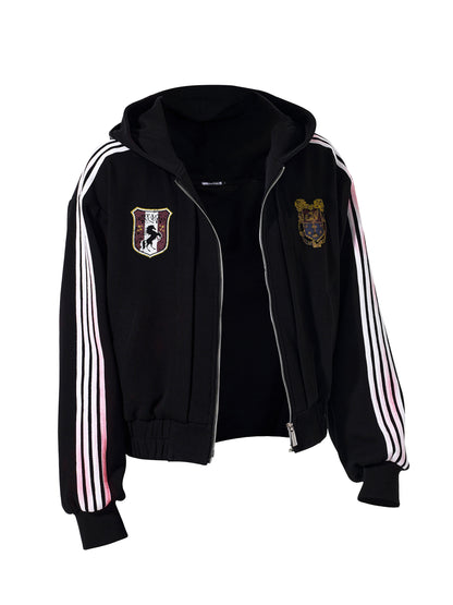 Four Stripe Damage Badge Embroidery Double Layer Hooded Jacket & Sporty Pants Setup WN23269