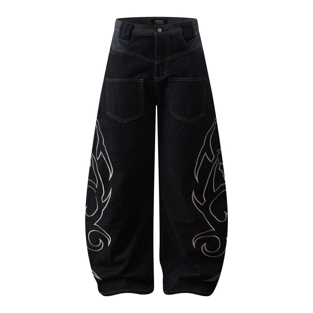 Flame Embroidery Wide Leg Raw Denim Jeans WN28071