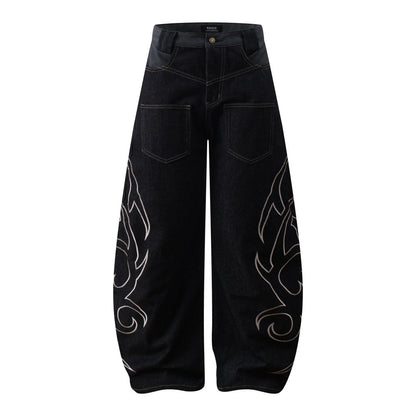 Flame Embroidery Wide Leg Raw Denim Jeans WN28071