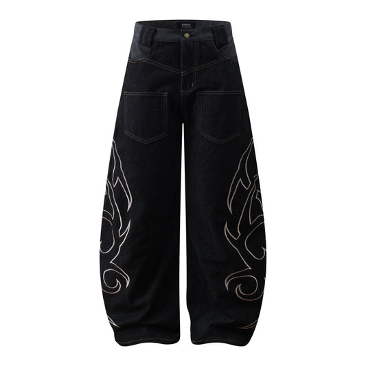 Flame Embroidery Wide Leg Raw Denim Jeans WN28071
