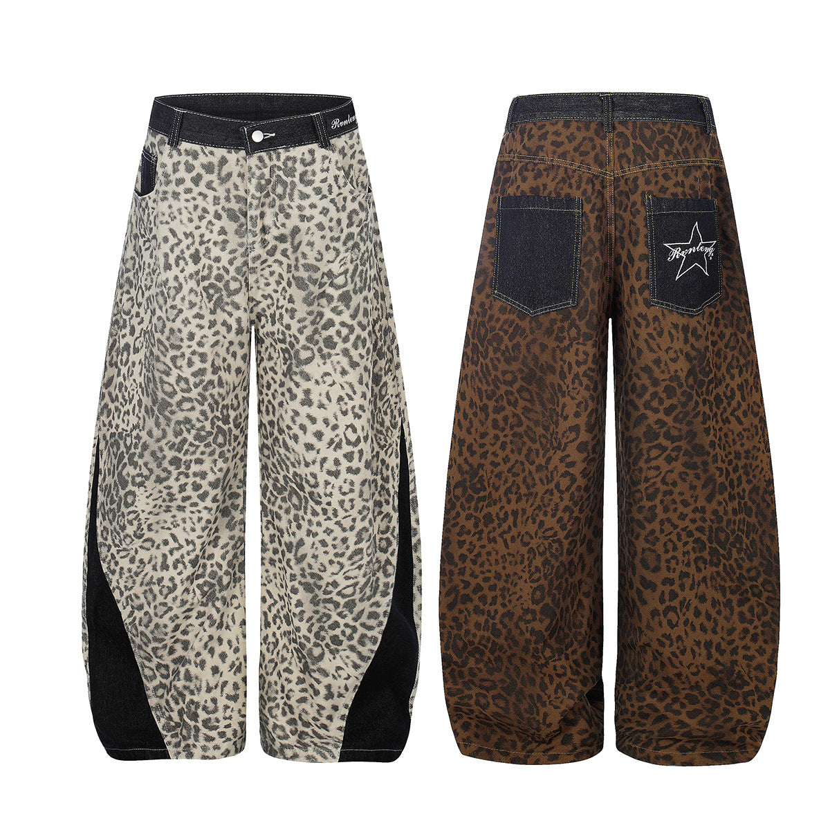 Leopard Print Curved Wide Leg Denim Jeans WN25679