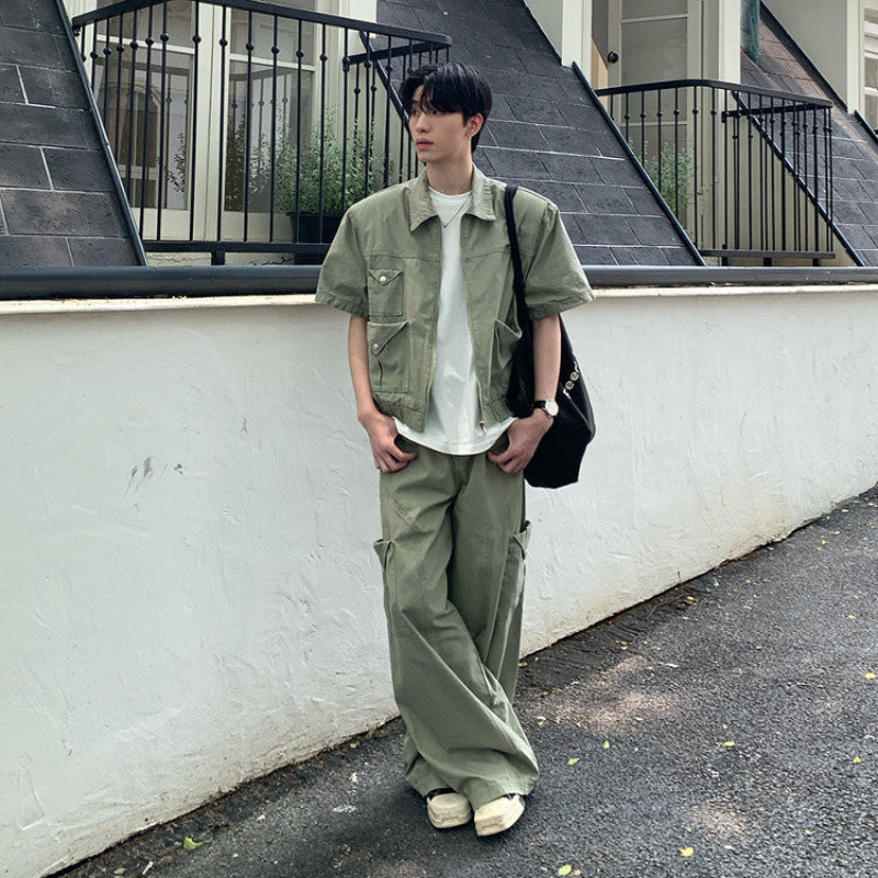 Utility Pocket Short Sleeve Jacket & Cargo Wide Leg Pants Setup WN24991