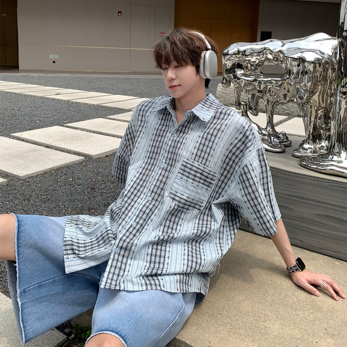 Stripe Patchwork Plaid Fringe Trim Oversize Short Sleeve Shirt WN25339