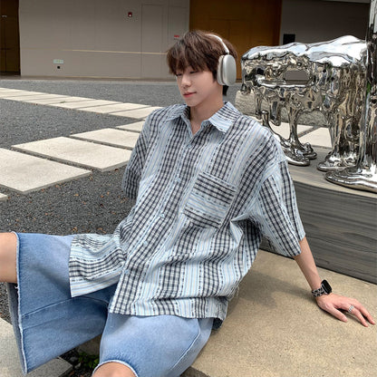Stripe Patchwork Plaid Fringe Trim Oversize Short Sleeve Shirt WN25339
