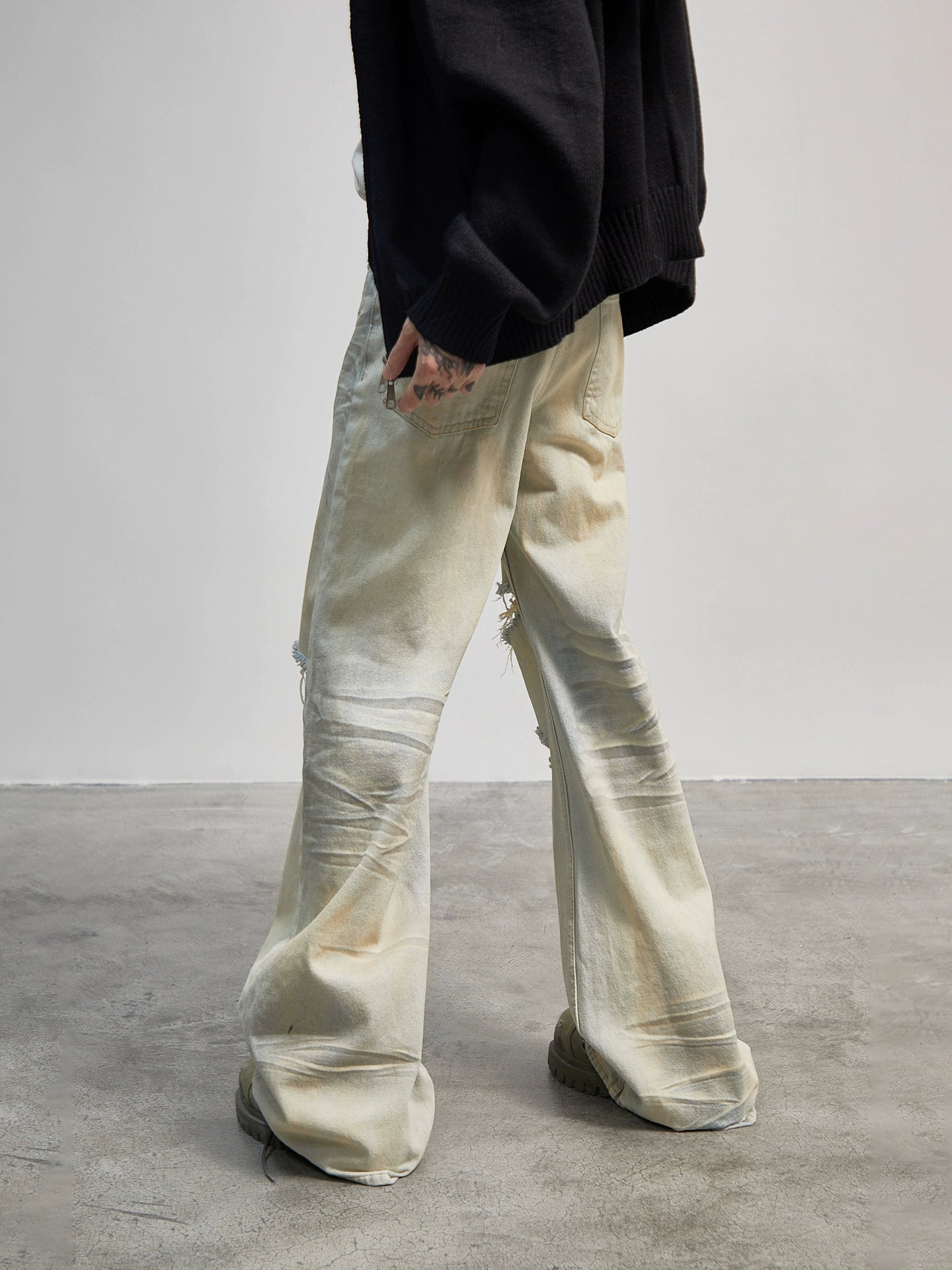 Hole Damage Pleats Straight Wide Leg Denim Jeans WN21175