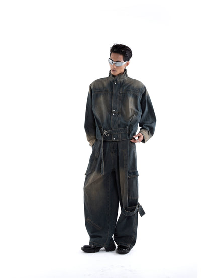 Fringe Strap Washed Denim Jacket & Denim Jeans Setup WN20644