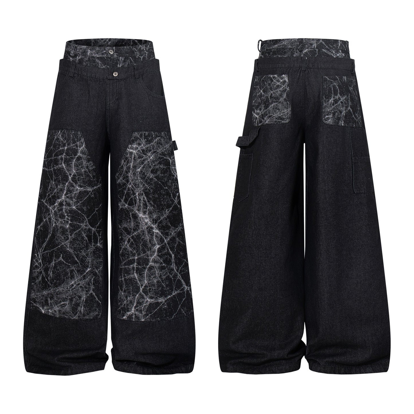 Double Waist Marble Panel Wide Leg Denim Jeans WN25907