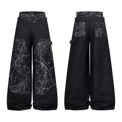 Double Waist Marble Panel Wide Leg Denim Jeans WN25907