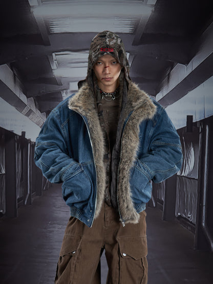 Denim Patchwork Eagle Patch Fake Fur Padded Jacket WN22913