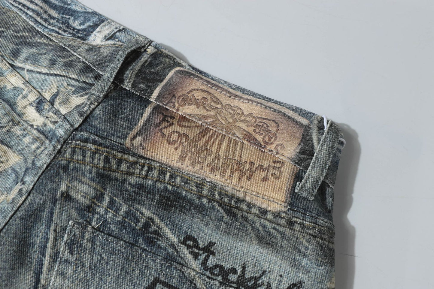 3D Graffiti Print Washed Wide Leg Denim Jeans WN18595