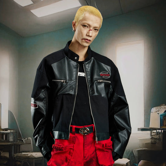 Contrast Patchwork PU Leather Jacket WN21376