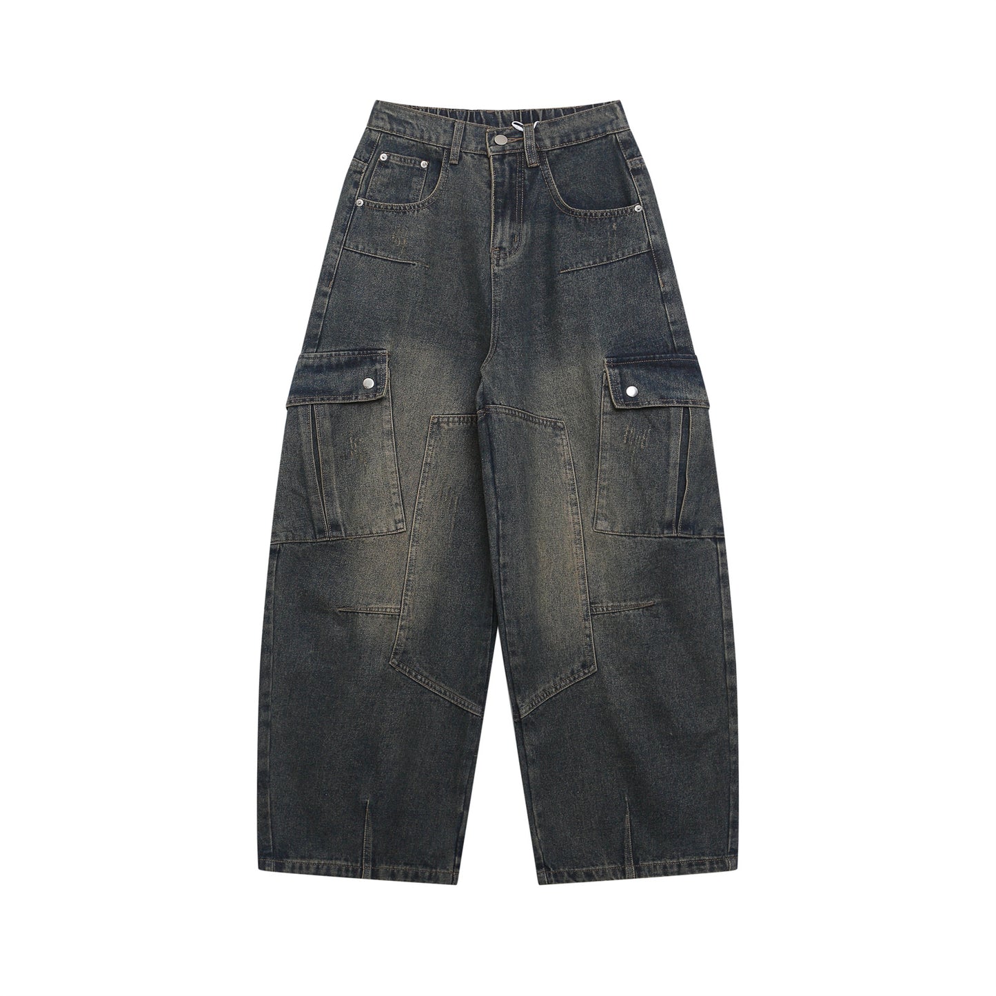 Wide Leg Multi-Pocket Washed Cargo Denim Jeans WN26925