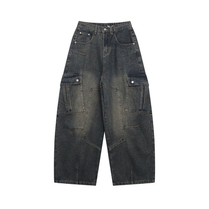 Wide Leg Multi-Pocket Washed Cargo Denim Jeans WN26925
