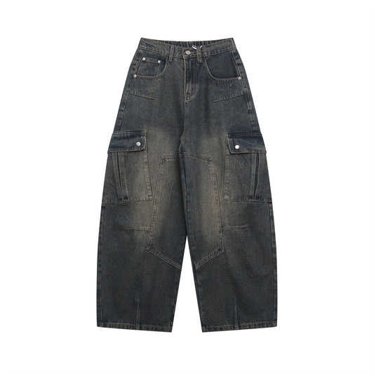 Wide Leg Multi-Pocket Washed Cargo Denim Jeans WN26925