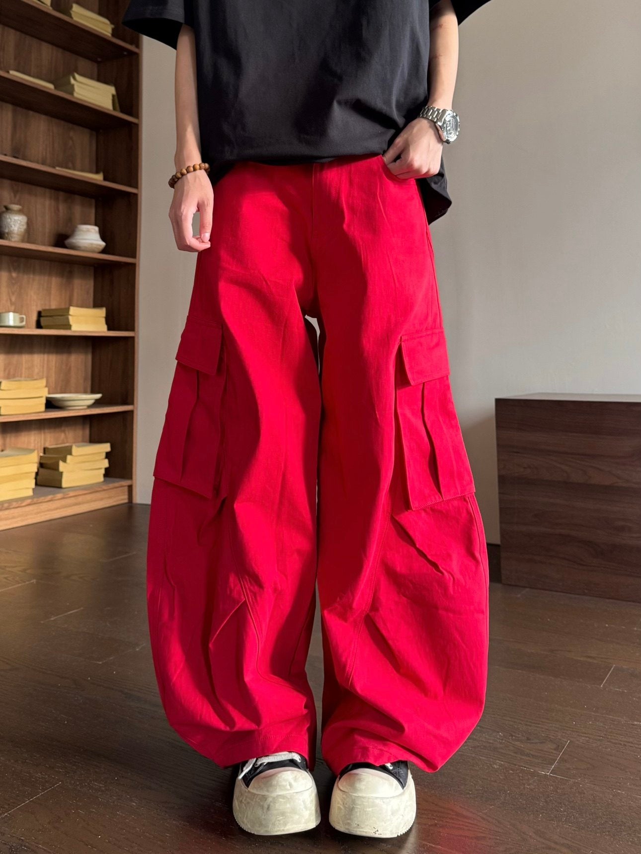 Red Denim Curved Wide Leg Cargo Pants WN23153