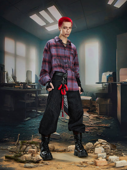 Plaid Color Block Print Oversize Long Sleeve Shirt WN20566