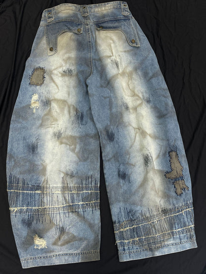 Washed Curved Wide Leg Denim Jeans WN16531