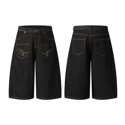Embroidery Wide Leg Half Denim Jeans Pants WN26089