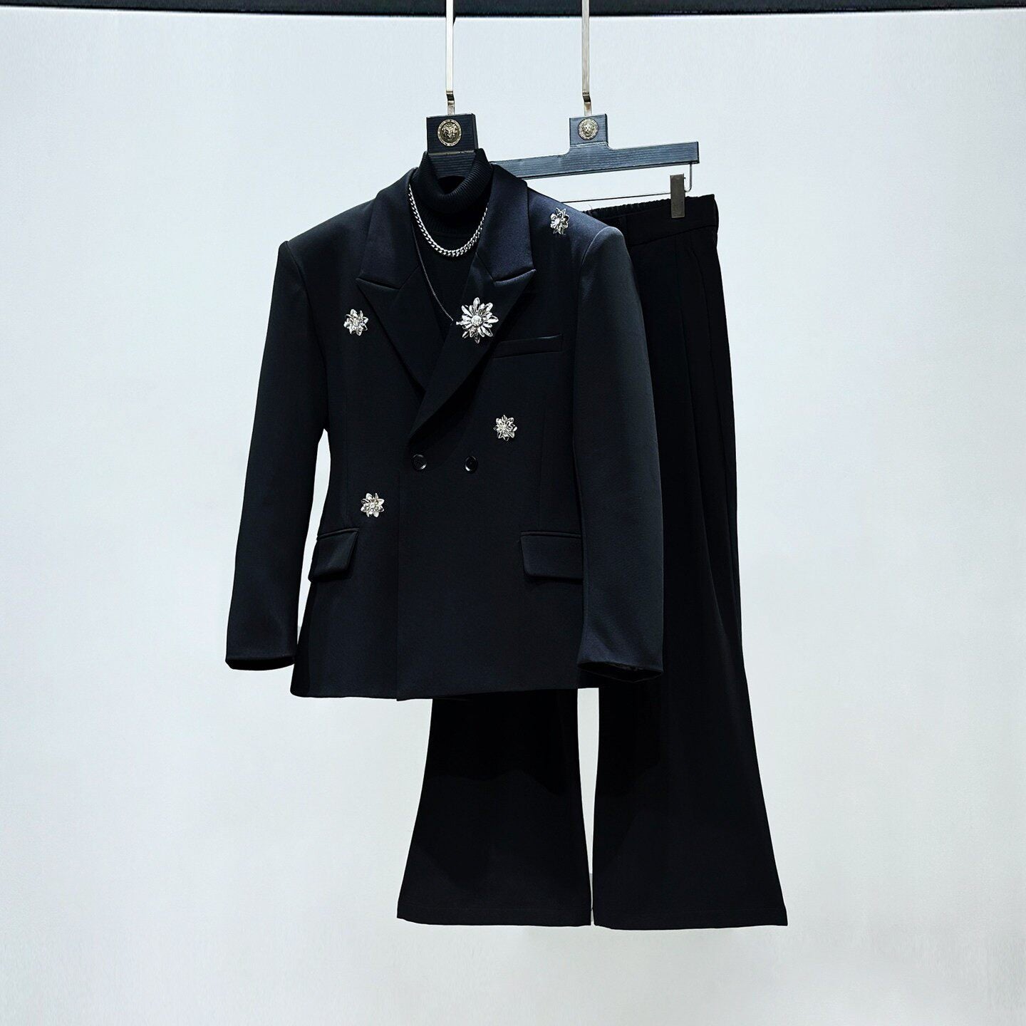 Metal Brooch Tailored Jacket & Flare Trousers Setup WN23949