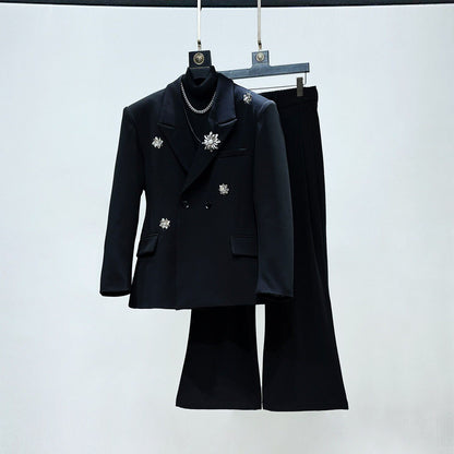 Metal Brooch Tailored Jacket & Flare Trousers Setup WN23949