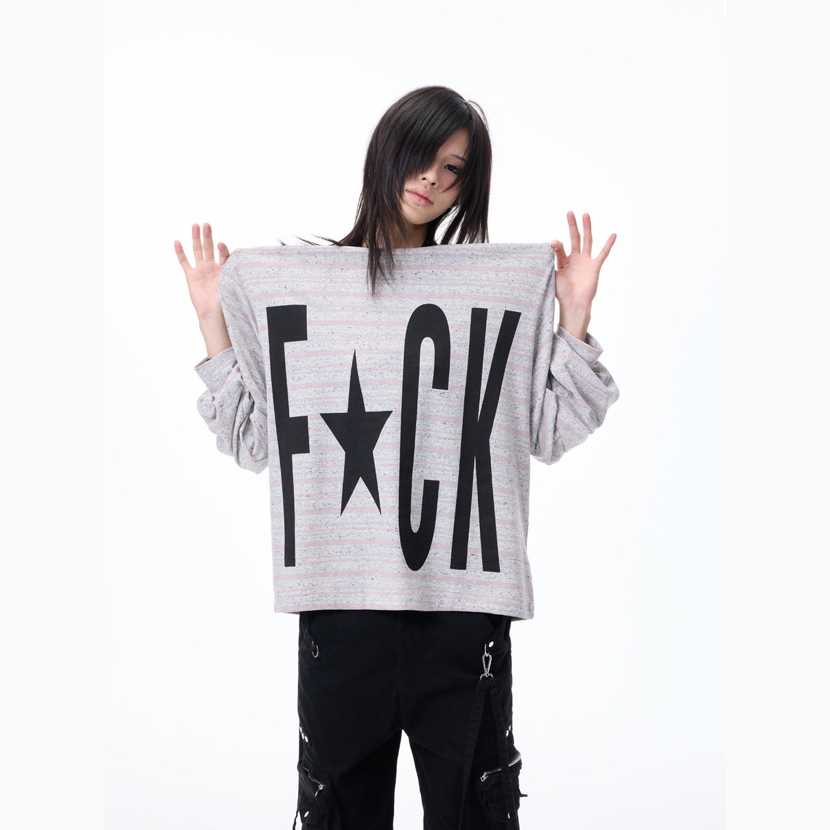 Contrast Stripe Slogan Print Oversize Long Sleeve T-Shirt WN27321