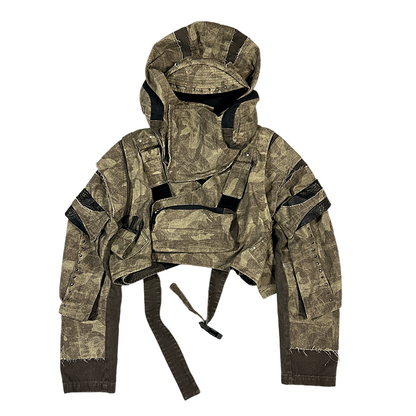 Deconstructed Camo PU Leather Rivet Short Jacket WN21988