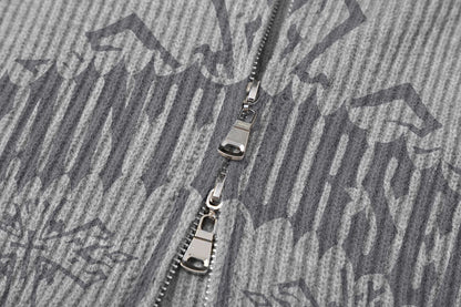 Cross Letter Print Double Zipper Stand Neck Knit Cardigan WN11504