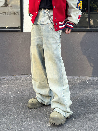 Fake Layered Double Waist Patchwork Wide Leg Denim Jeans WN23019