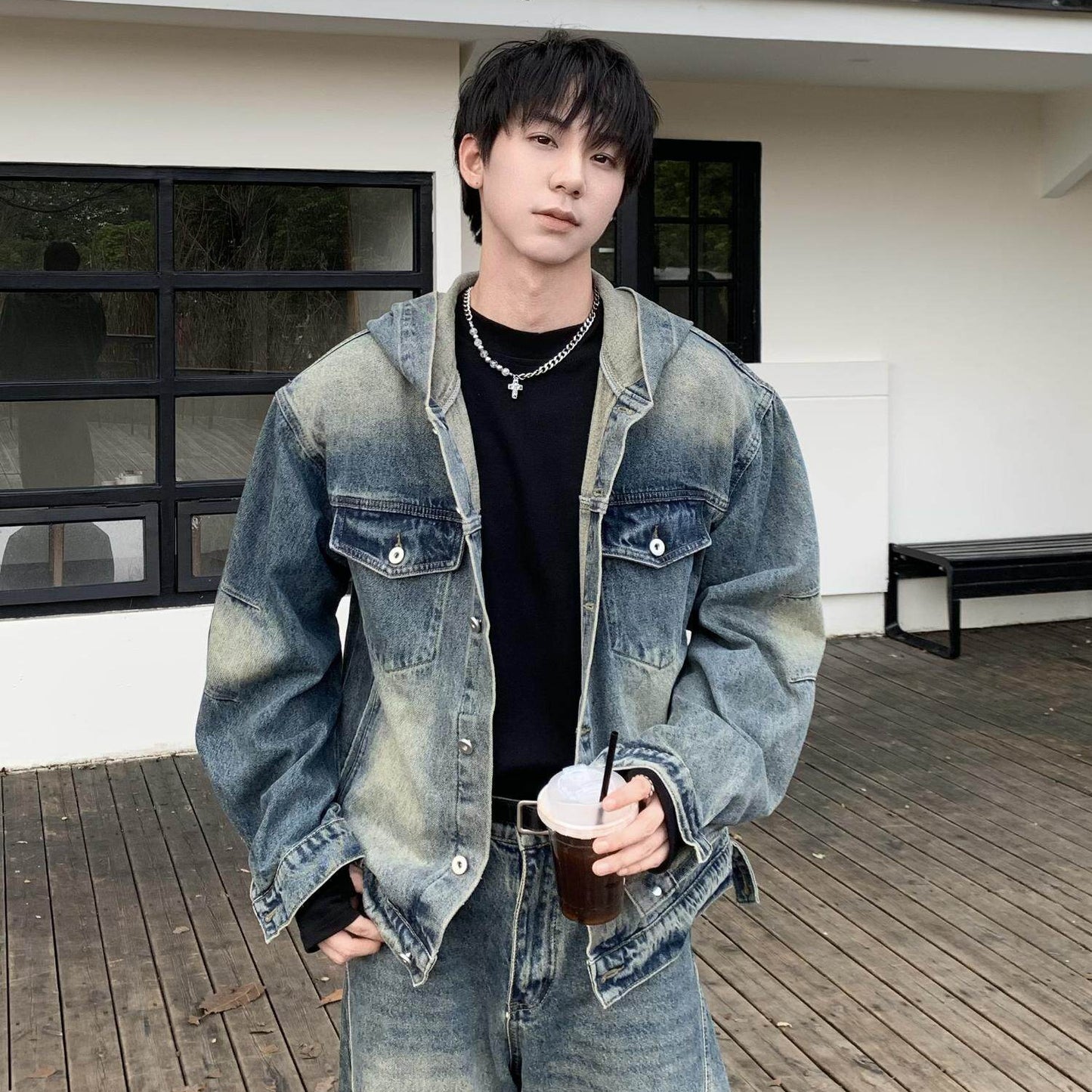 Hooded Denim Jacket & Washed Wide Leg Denim Jeans Setup WN25168
