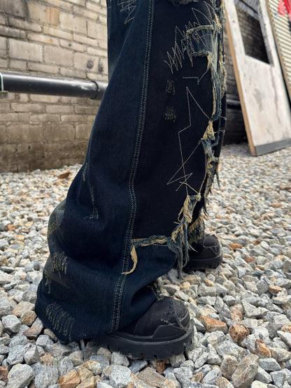 Heavyweight Patchwork Wide Leg Raw Hem Denim Jeans WN22992