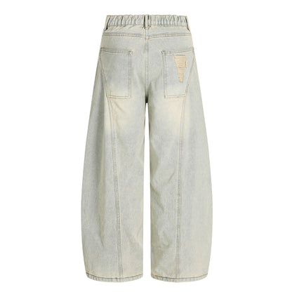 Washed Damage Curved Wide Leg Denim Jeans WN25912