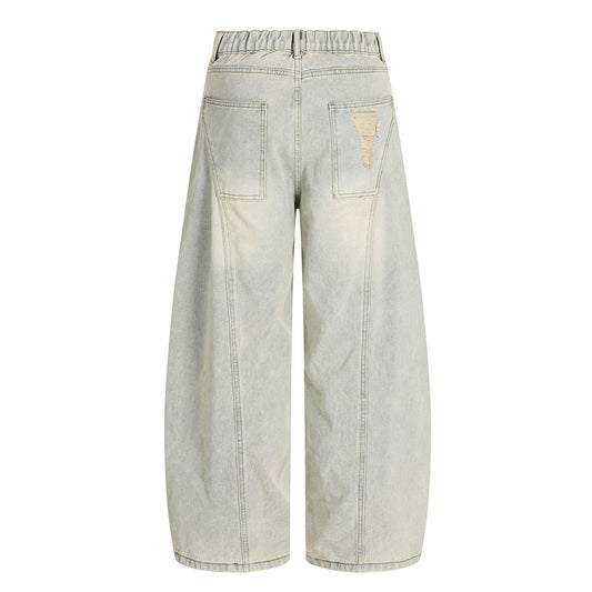 Washed Damage Curved Wide Leg Denim Jeans WN25912