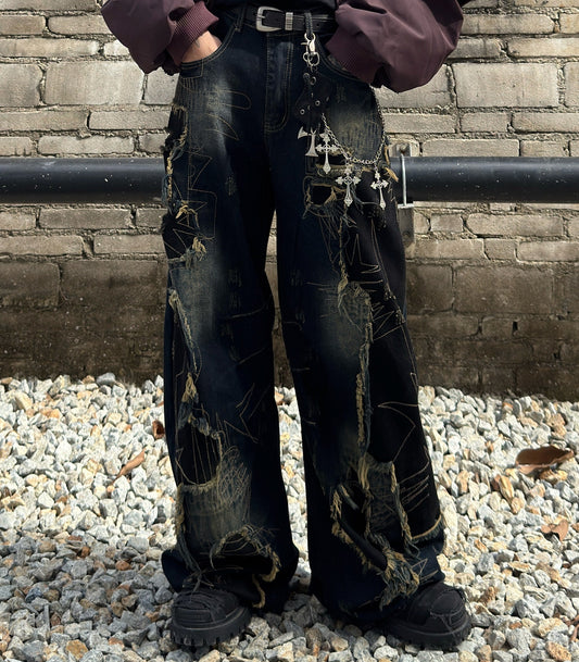 Heavyweight Patchwork Wide Leg Raw Hem Denim Jeans WN22992