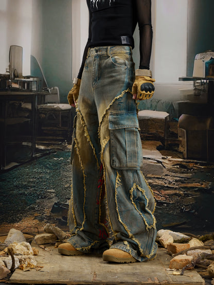 Washed Damage Fringe Pocket Paint Wide Leg Cargo Denim Jeans WN21382