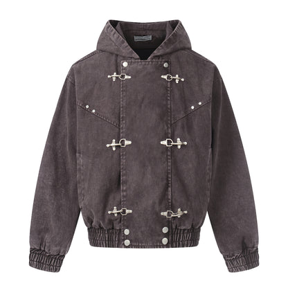 Washed Metal Buckle Hooded Denim Jacket WN23044